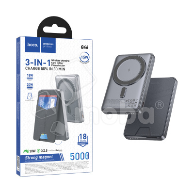 Внешний аккумулятор (Power Bank) Hoco Q46 5000mAh (20W, PD, USB-C, MagSafe 15W, держатель для карт и смартфона) Серый